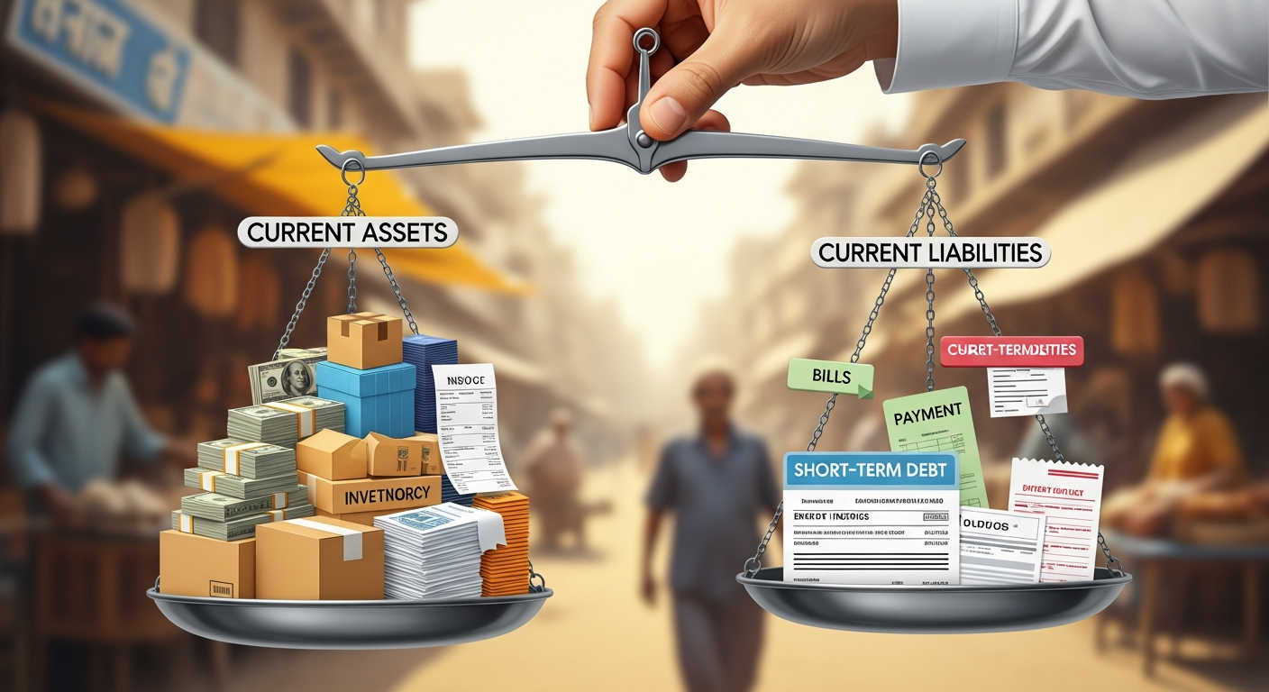 "A hand balancing current assets and current liabilities, illustrating the concept of working capital management in the context of an Indian business."